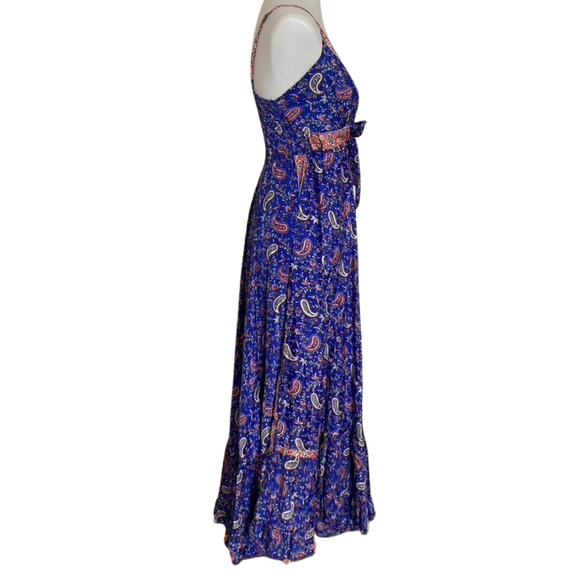 Vintage Silk Maxi Dress Vibrant Blue Red Paisley  Boho Festival 90s Y2K Romantic - Picture 4 of 8